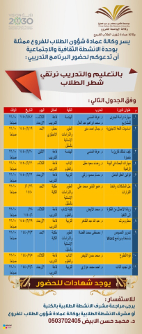 يسر وكالة عمادة  شؤون الطلاب للفروع ممثلة بوحدة الانشطة الثقافية والاجتماعية أن تدعوكم لحضور البرامج التالية 
